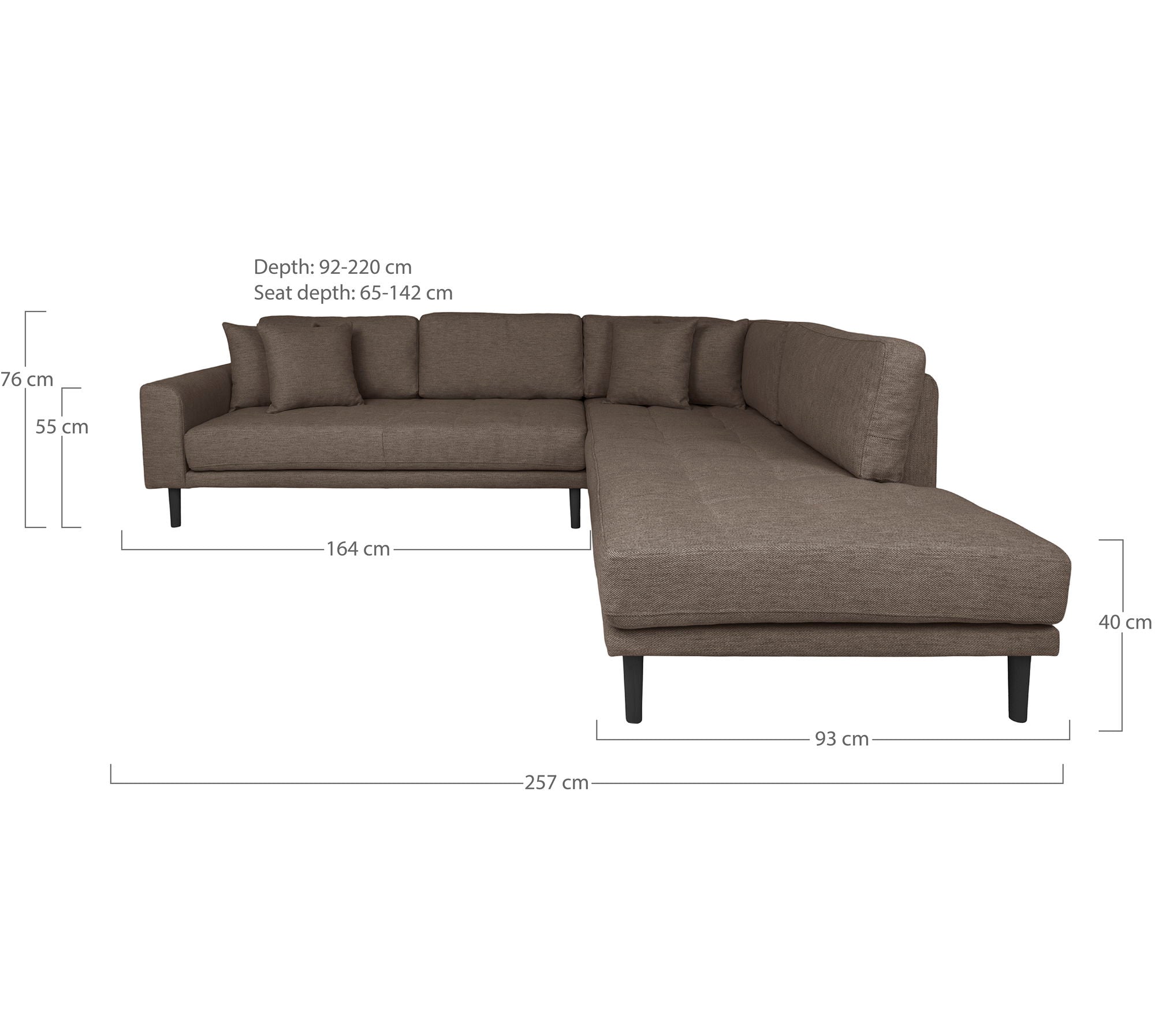 Lido – Ecksofa mit offenem Ende, rechtsbündig, schwarze Holzbeine, 92–220 × 257 × 76 cm